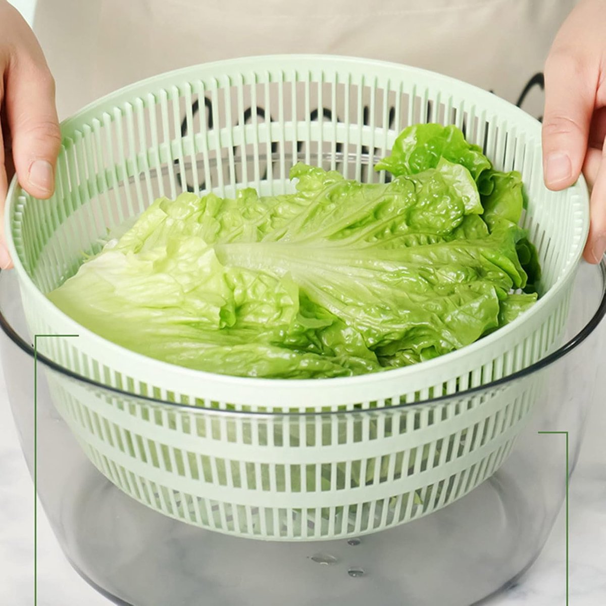 Groentesaladekom - Saladedroger - Handmatige Groentedruipmand - Fruitdroger - met Handzwengel - Handig - Gemakkelijk Schoon Te Maken - Geschikt voor Bladgroenten, Kruiden, Bessen, Fruit - Groen