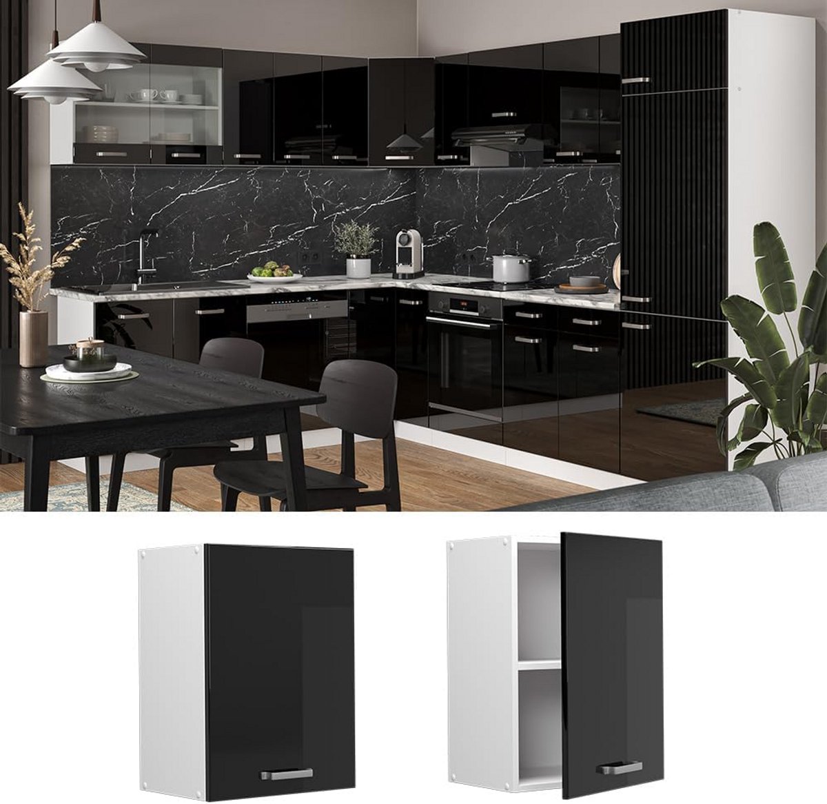 Keuken Hangsmast 45 cm Zwart Hoogglans Wit - Modulair Keukenkastje