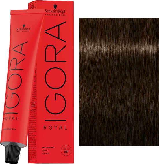 Schwarzkopf IGORA ROYAL permanente haarkleuring, koker en proeflok in donkerbruin.