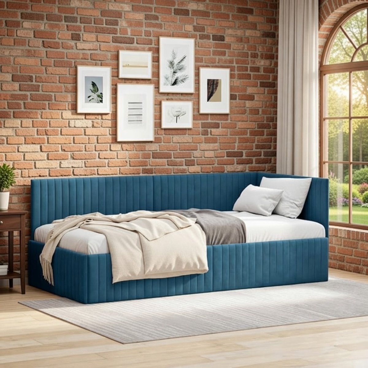 Hoekbed 90x200 cm met Hoofdbord – Fluwelen Dagbed & Slaapbank in Blauw – Modern Ruimtebesparend Design – Inclusief Lattenbodem – Casa Serena