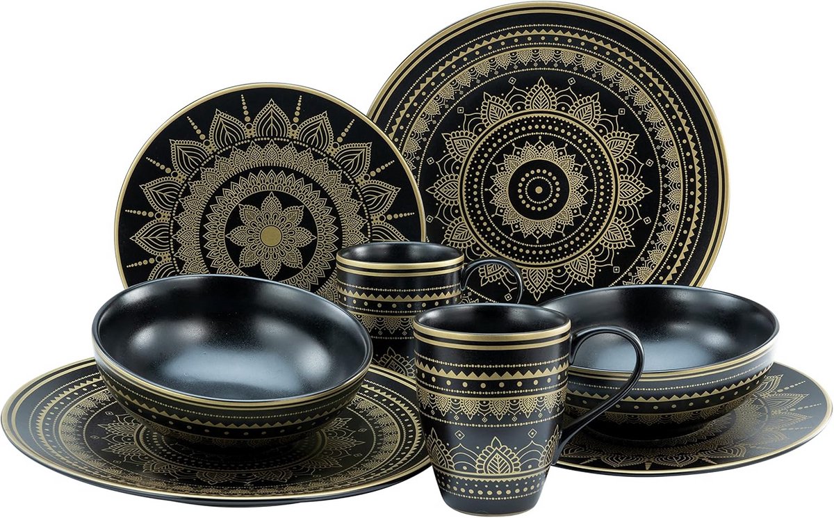 8-Delige Servies Set Steengoed Zwart met Gouden Mandala Decoratie