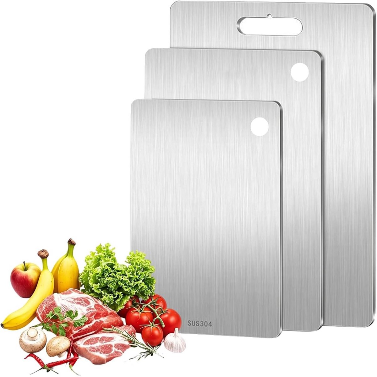 Set van 3 Titanium Snijplanken RVS Dubbelzijdig voor Keuken