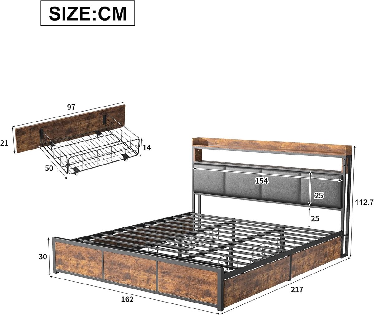 Tweepersoonsbed 160x200 cm met Opbergruimte en LED – Casa Velluto Panthera Royal Bedframe met 4 Lades, USB-Oplaadfunctie en Lattenbodem – Zwart Kunstlederen Hoofdbord & Metalen Frame
