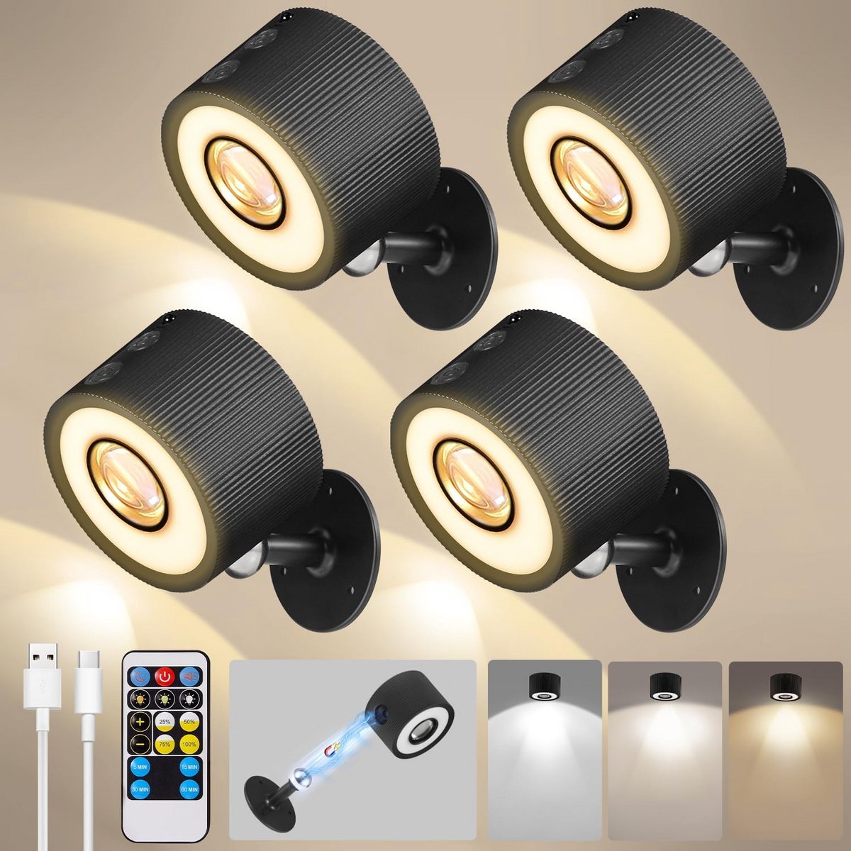 Draaibare Oplaadbare LED Wandlampen Binnen met 3 Kleuren en Dimfunctie