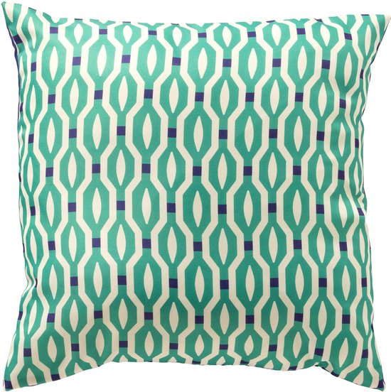 Coussin à motif géométrique vert, crème et bleu foncé.