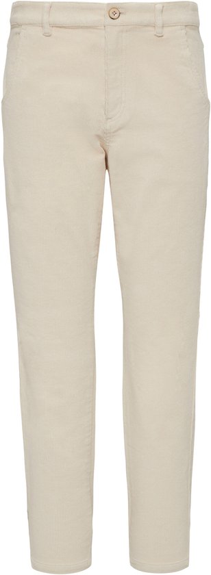 Crèmekleurige corduroy broek met een rechte pijp en een knoopsluiting, staand model.