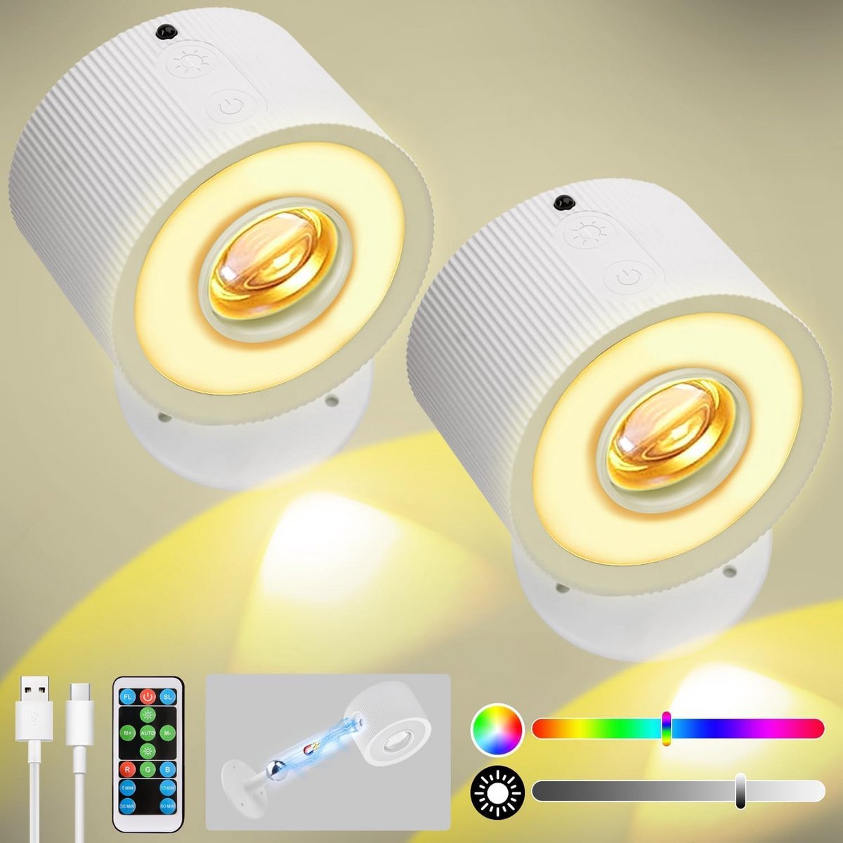 Draadloze Oplaadbare RGB Wandlampen (2 Stuks) - Dimbaar met Afstandsbediening
