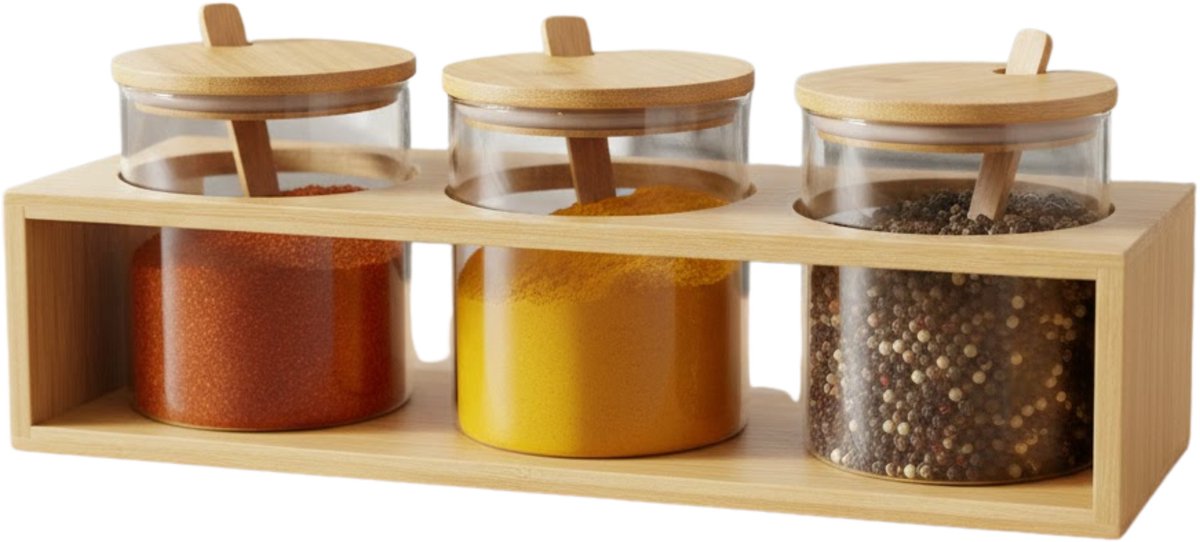 Item Int. Kruidenpotjes set - 3x - borosilicaatglas potjes - incl. lepeltjes - bamboe tray - 31 x 11 x 10,5 cm