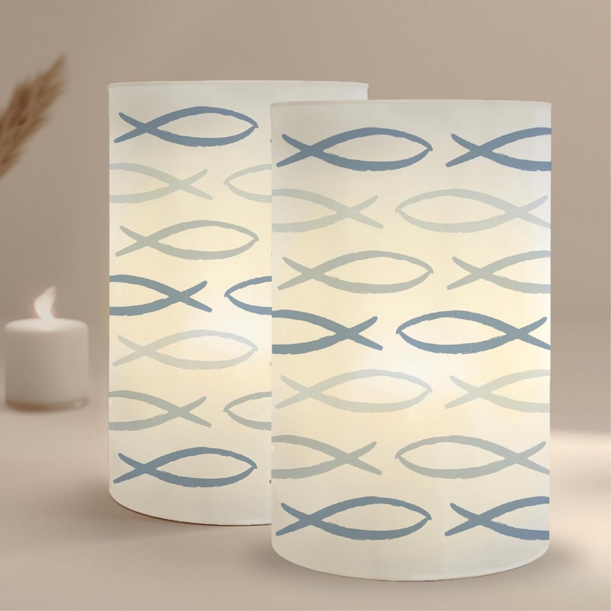 10x Windlichten Tafeldecoratie Doop & Communie - Eucalyptus Groen Thema Theelichtjes
