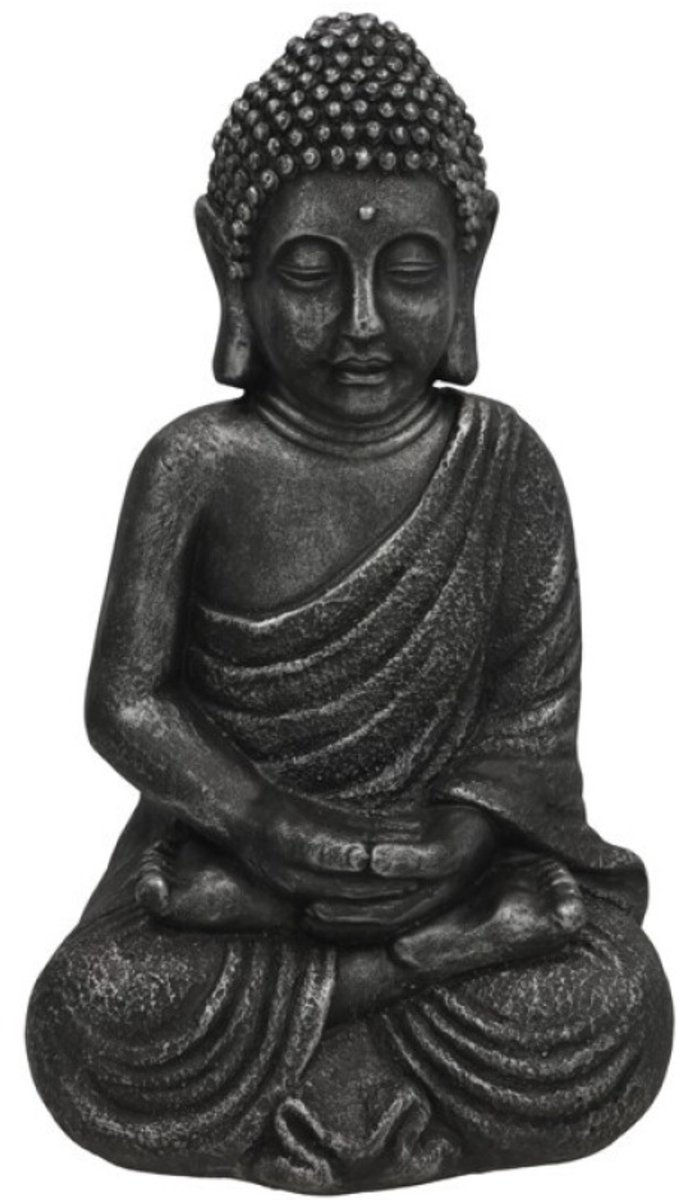 Gerimport Boeddha beeld Kolu - binnen / buiten - kunststeen - antraciet - 25 x 42 cm - huis en tuin beelden