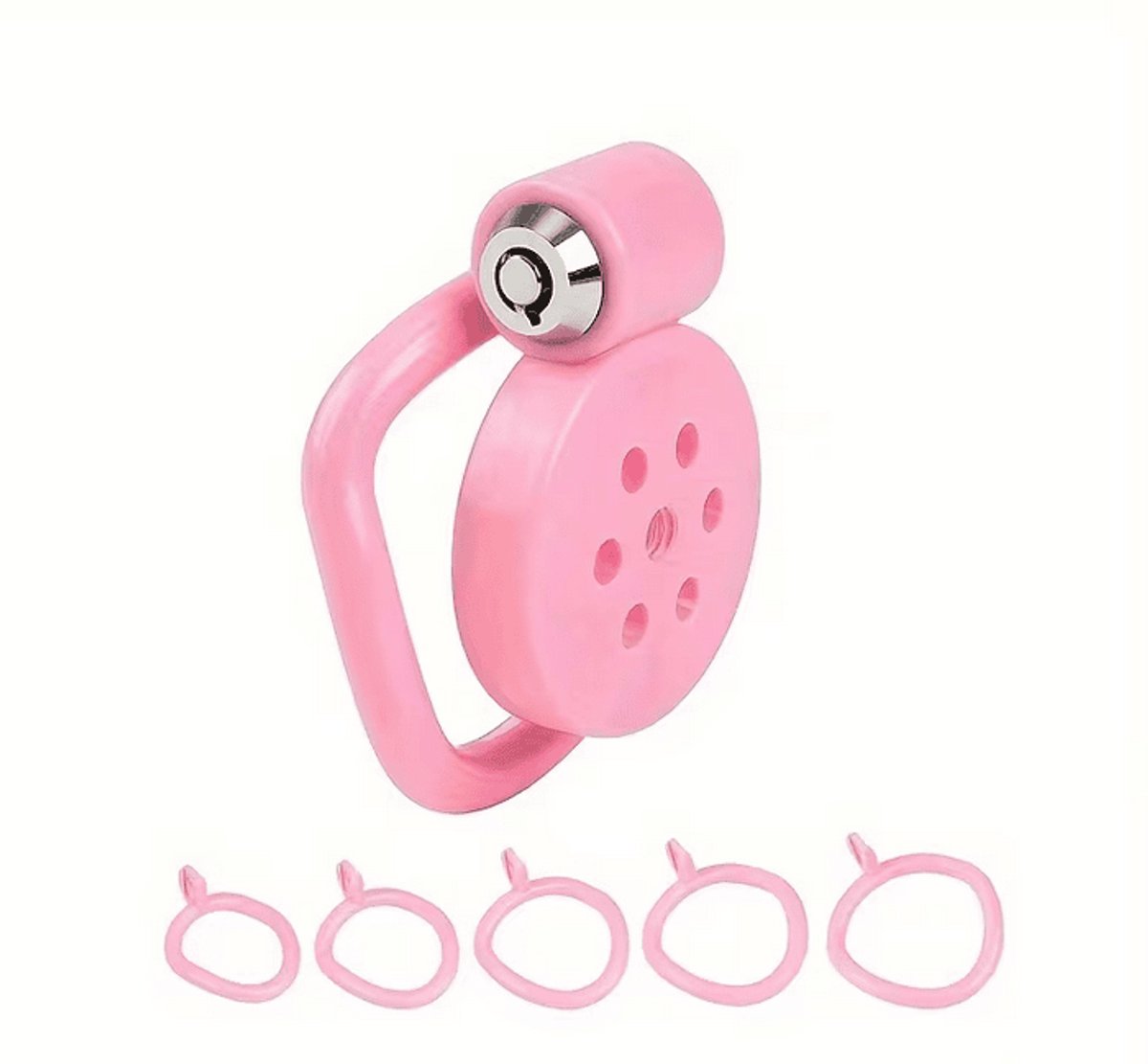 Mini peniskooi - Mini chastity - Roze - kuisheidskooi - sub - kinky - kathether - 5 maat ringen - sleutels - bdsm