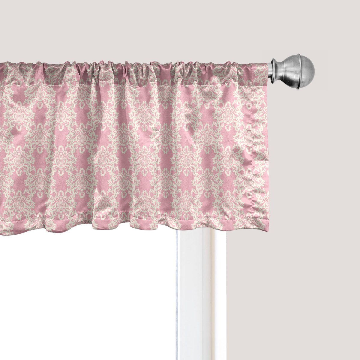 ABAKUHAUS Roze Damast Raamvalletje, Gordijnvalletje voor Keuken en Slaapkamer met Tunnelzoom, 137 cm x 30 cm, Lichtroze en Ivoor