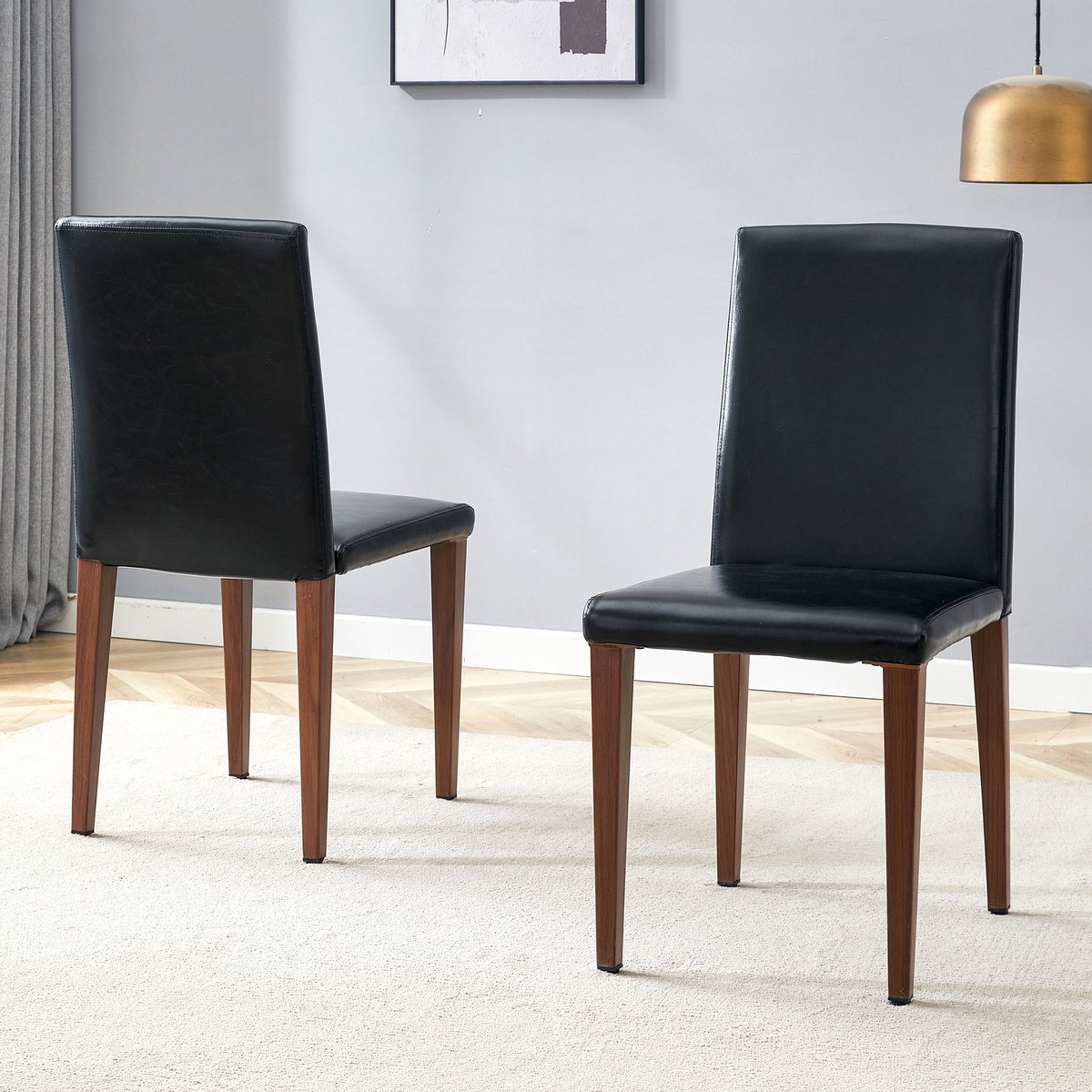 HAUSS SPOLE Eetkamerstoel – Minimalistisch Design – Set Van 2 – Comfortabel Met Ergonomische Rugleuning – Voor Eetkamer En Woonkamer – Metaal En Pu Leer – Zwart Walnoot + zwart