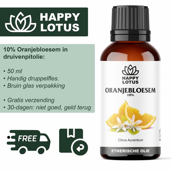Fles etherische oranjebloesemolie met etiket met sinaasappelschijfjes en bloesems, met tekst over gratis verzending.
