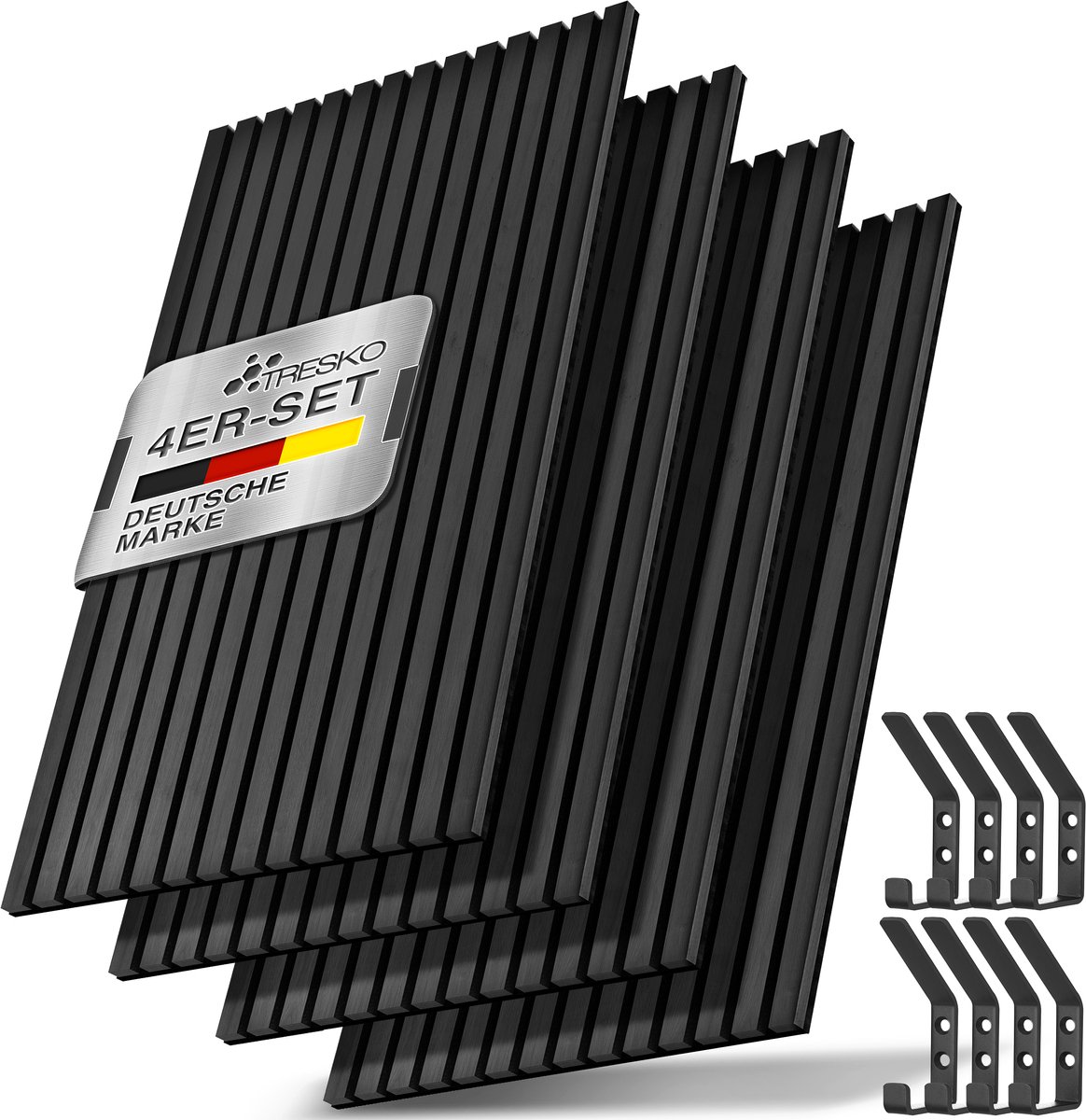TRESKO 4 stuks akoestische panelen van hout, 120 x 60 cm, incl. 8 x kledinghaken, wandbekleding licht als 3D-lamellenwand, houten panelen voor geluidsisolatie, akoestische wandpanelen, inclusief
