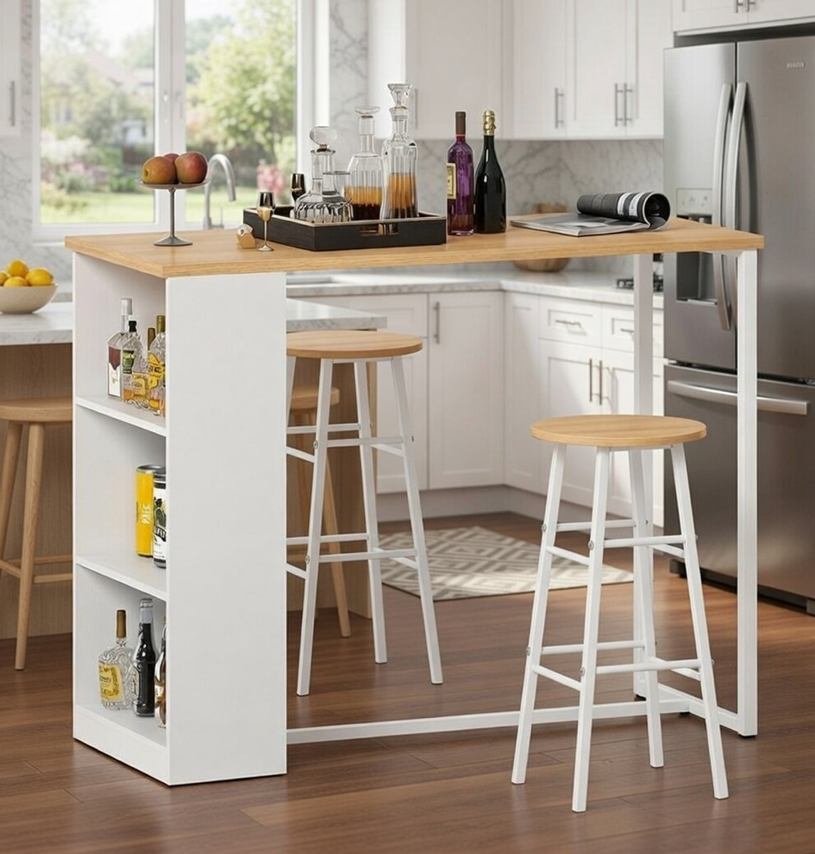 Industriële Bartafel met 2 Krukken en Opbergvakken 120x55x100 cm – Statafel, Eettafel & Keukeneiland Casa Serena – Casa Dorada