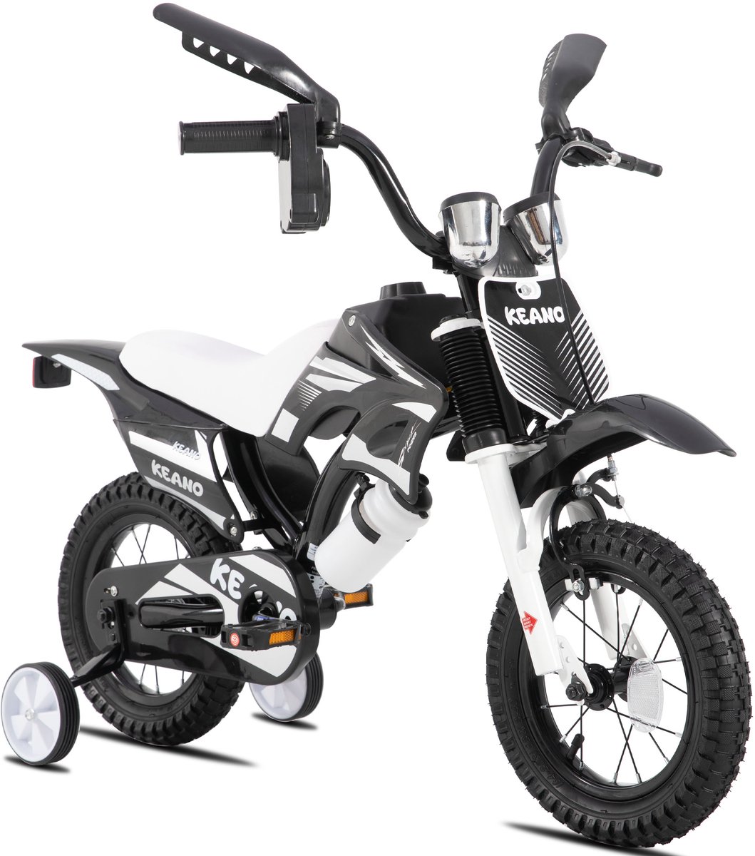KEANO Motocross Stoere Kinderfiets - 12 Inch - Voor Jongens & Meisjes (2-4 jaar) - Met Zijwieltjes & Nummerbord - Zwart