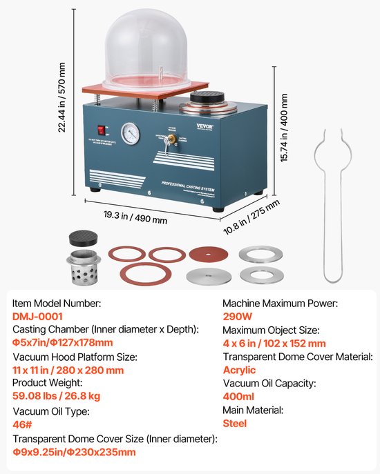 VEVOR Vacuüm Investment Casting Machine metalen Sieraden Gietgereedschap 28x28cm Gieten van Merkloos — afbeelding 3