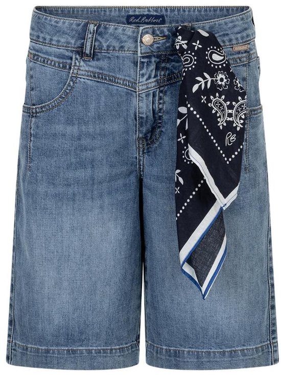 Lichtblauwe denim Bermuda shorts met paisley print sjaaltje om de tailleband.