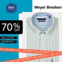 Groen gestreept overhemd met witte kraag en knopen. Tekst "Meyer Broeken" en "70% OFF".