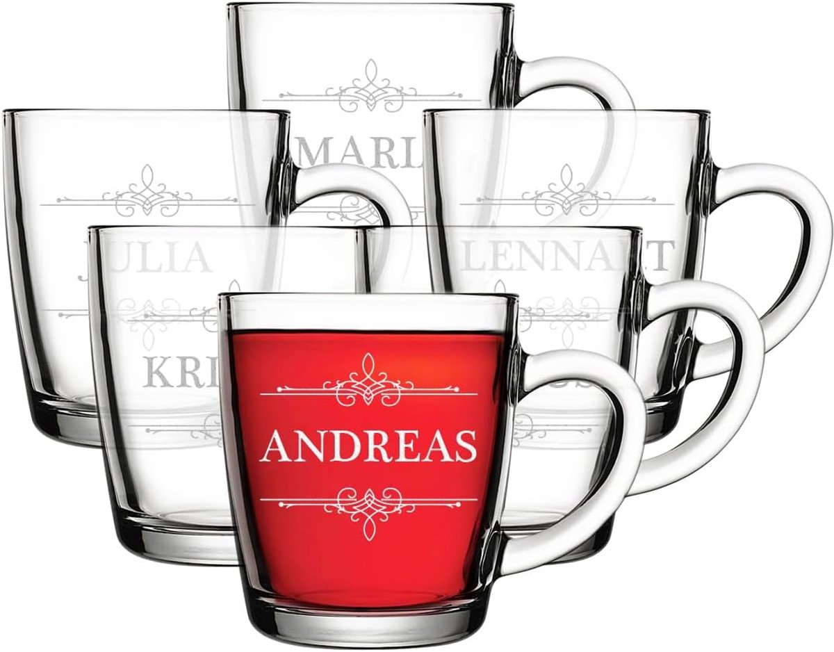 Glazen Theekopjes - Drinkglazen Set - Warme Dranken - Met Gravure - 340 ml 6 Stuks - Transparant