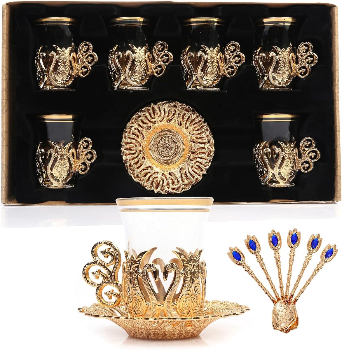 Theeglas Set - Turkse Glazen - Thee Serveren - Ottomaans Design - 6 x 8 cm - Goud