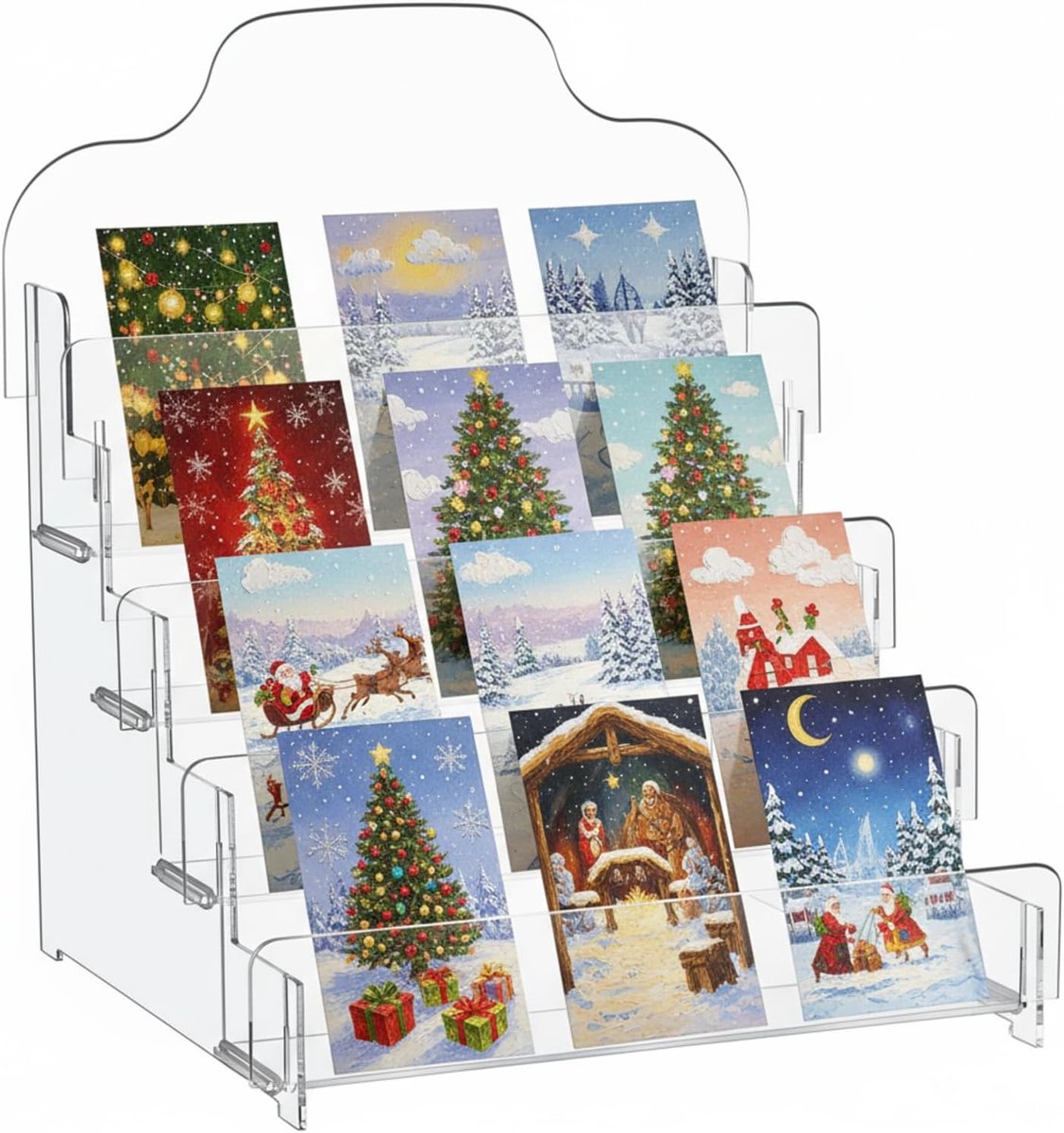 Menkxi 4 Tier Acryl Wenskaart Display Stand Draagbare Sticker Display Stand Card Display Rack Wenskaart Houder Ansichtkaart Organizer voor Leveranciers Retail Teller Bureau Stempel Mail Foto's Opslag