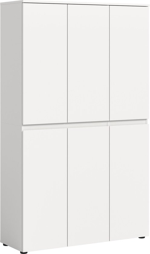 Witte opbergkast met zes deuren, in een studio-omgeving.