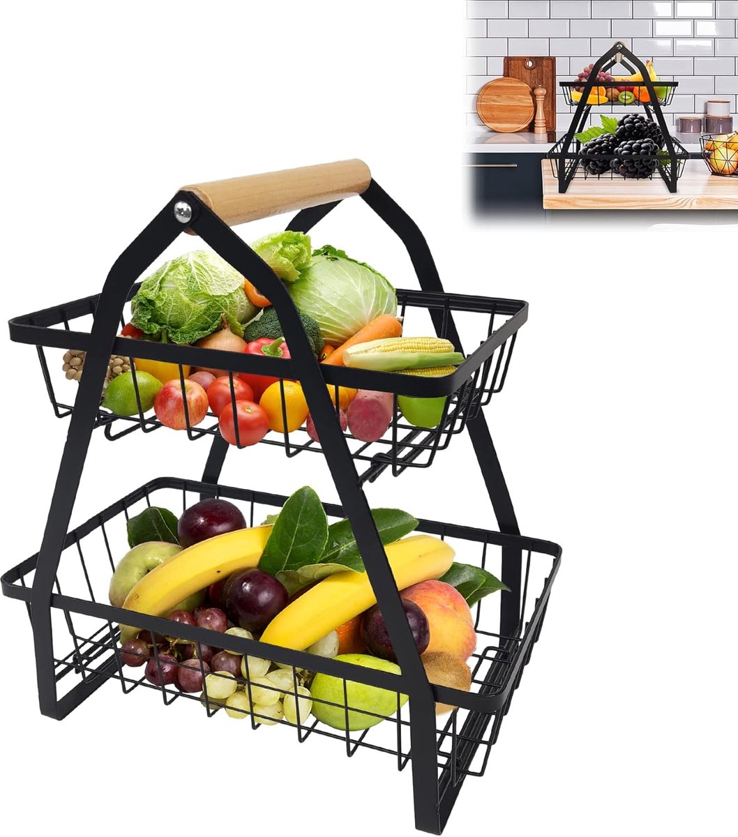 Fruit Etagere - Fruitschaal Mand - Keuken Opbergen - Met Houten Handvat - 27x17x30cm - Zwart