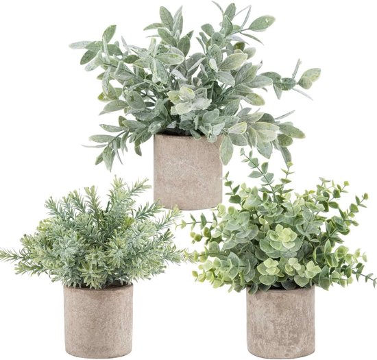 Drie saliegroene kunstplanten in grijze potjes: één met blaadjes, één met fijn gebladerte en één met ronde blaadjes.