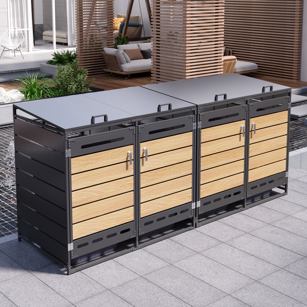 OKWISH Afvalcontainerberging – Hydraulisch Deksel – 4 Vakken – IJzer – Zwart – Voor Tuin En Openbare Ruimte