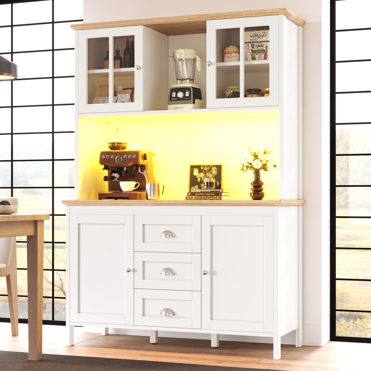 MODENUIT Opbergkast - Met Ledverlichting, 4 Deuren En 3 Laden - Voor Keuken En Woonkamer - MDF - Wit - 120x40x179 Cm