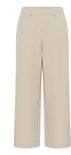 Voorkant van een beige broek met wijde pijpen, riemlussen en steekzakken.