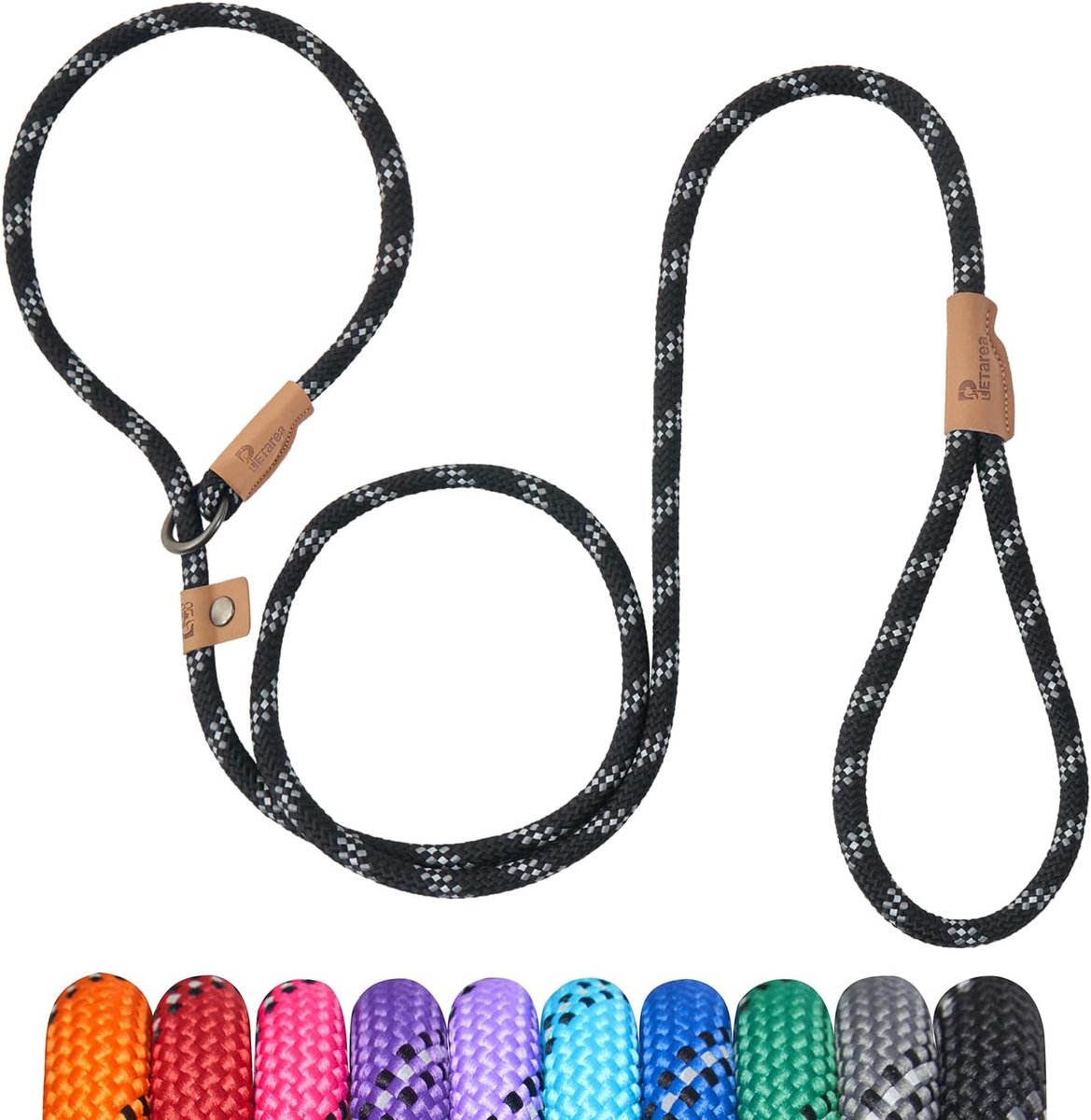 Hondenriem Touw - Sliplijn Trainingslijn - Hondentraining Wandelen - Geïntegreerde Kraag - 5 ft Lengte - Zwarte Streep