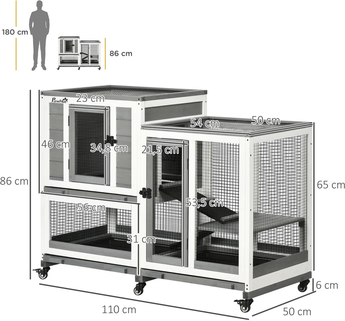 NordHaus Konijnenhok Binnen - Houten Dierenverblijf - Multi-Level Kooi met Wielen en Remmen - Uitneembare Bakken - 110x50x86 cm
