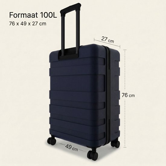 Donkerblauwe koffer van 76x49x27 cm met de tekst 'Formaat 100L'.
