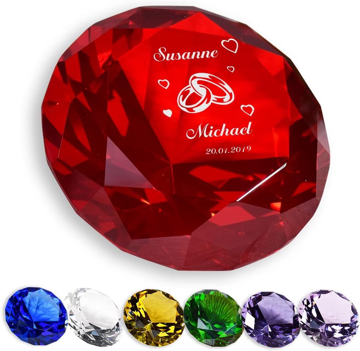 Decoratieve Diamant - Glas Decoratie - Bruiloft Cadeau - Gepersonaliseerde Gravure - 8x8x5 cm - Rood