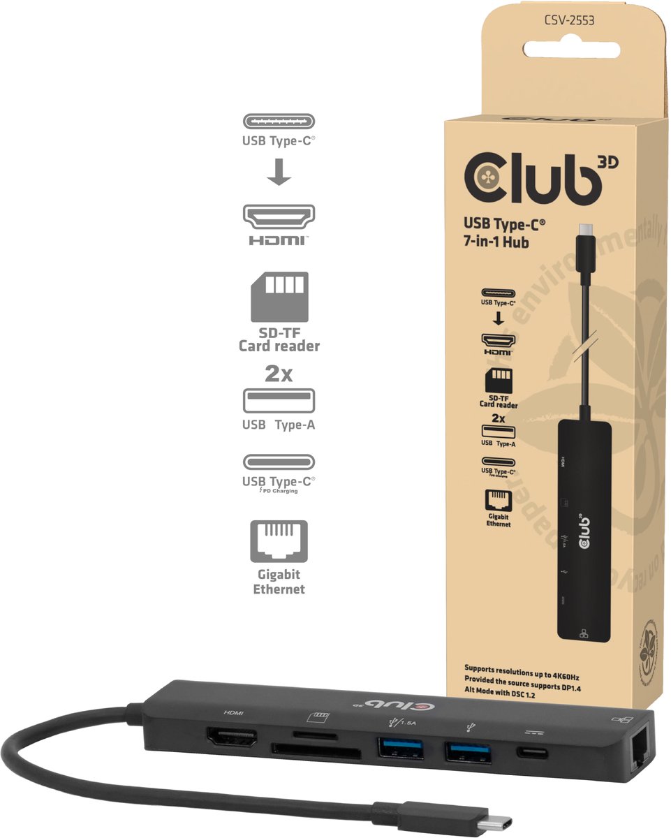 Club 3D USB-C® 7-in-1 Hub naar HDMI™ 4K60Hz /SD-TF kaartsleuf 2x USB A / USB-C® PD / RJ45