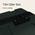 Dichtbij beeld van het TSA cijferslot op de donkergroene koffer.