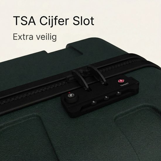 Dichtbij beeld van het TSA cijferslot op de donkergroene koffer.