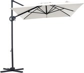 Beige zweefparasol met antraciet frame en kruisvoet, 360° draaibaar.