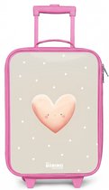 NoBoringSuitcases.com® - Kinderkoffer roze - Kindertrolley meisje - Roze hart omringd door beige stippen - Koffer kind lichtgewicht - Reiskoffer trolley voor kinderen - Koffertje met lichtgevende wieltjes - Rolkoffer