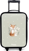 NoBoringSuitcases.com® - Kinderkoffer jongen - Kindertrolley meisje - Vos en konijn omringd door groene blaadjes en stippen - Koffer kind lichtgewicht - Reiskoffer trolley voor kinderen - Koffertje met lichtgevende wieltjes - Rolkoffer zwart