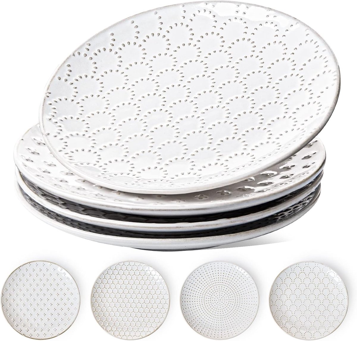 Saladeborden Set - Dessert Borden - Kleine Lunch - Reliëf Steengoed - 8 Inch - Arctic Wit