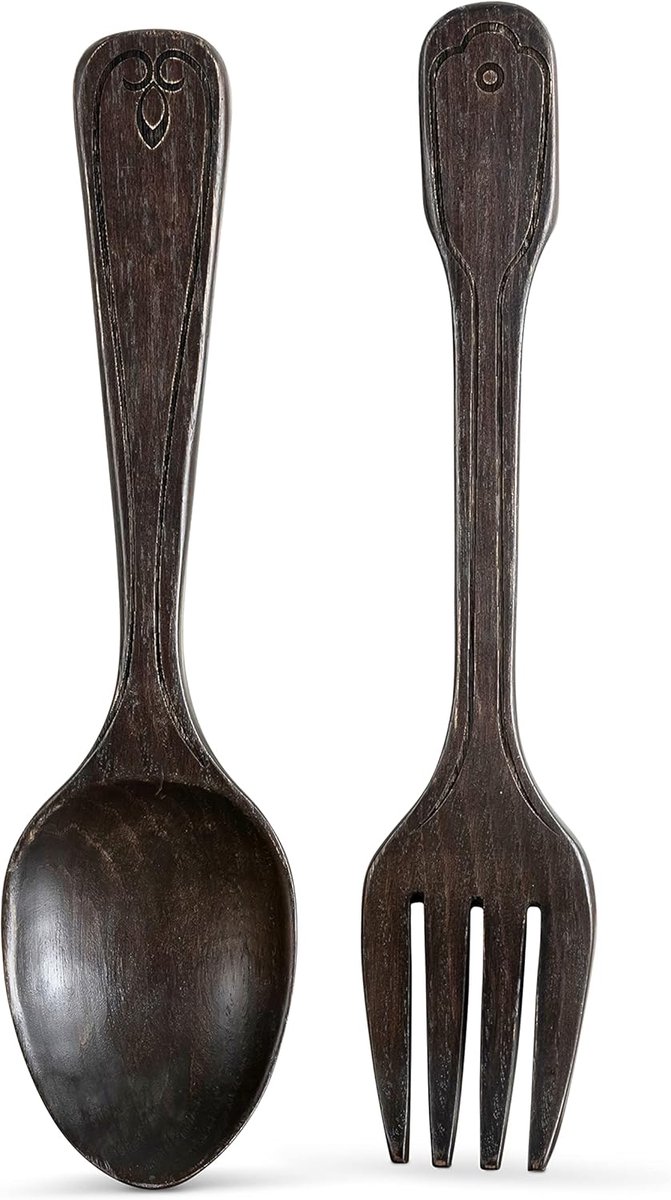 Houten Vork Lepel - Keuken Decoratie - Muur Decoratie - Set van Twee - Grote Afmeting - Zwart
