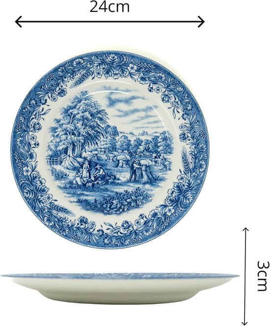 Wit bord met blauw landschapdecor, bloemenrand en tarwearen. Diameter 24cm, hoogte 3cm.