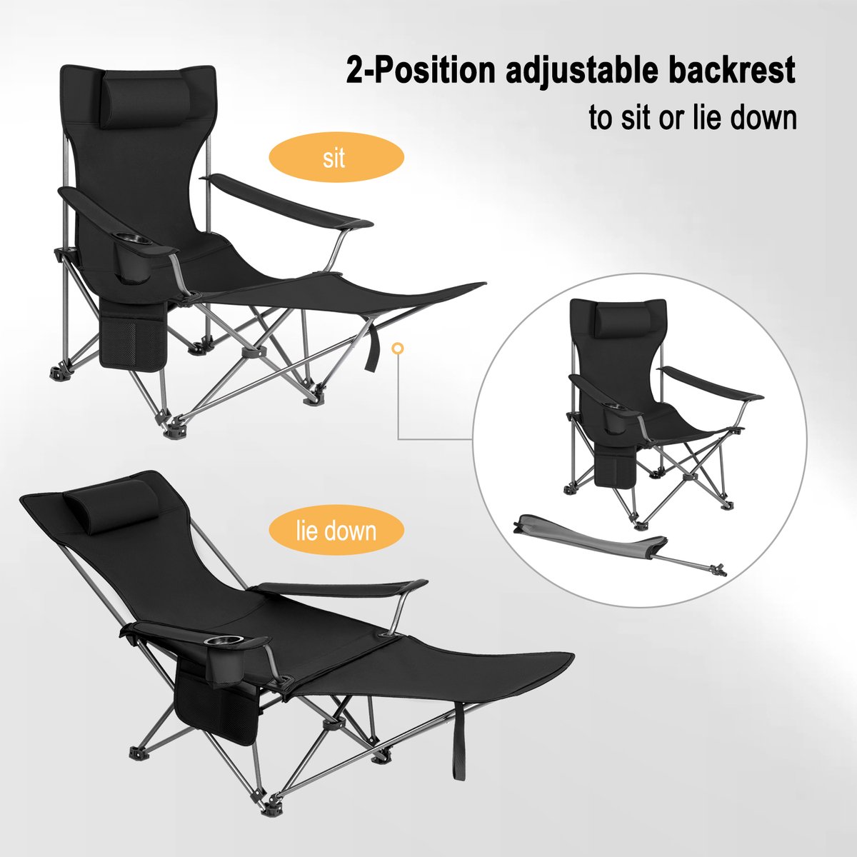 Campingstoelen - Vouwstoel - Campingstoel opvouwbaar - Strandstoel inklapbaar - Loungestoel buiten - Lichtgewicht Visstoel met Hoofdsteun & Bekerhouder – Inclusief Draagtas – Zwart — cadeau in Sport & Outdoor - foto 4