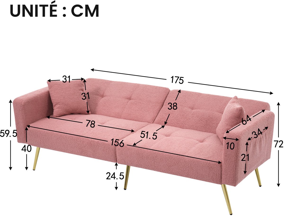 MODENUIT Slaapbank 175 x 64 x 72 cm - Verstelbare Rugleuning, Zijvakken - Voor Woonkamer En Logeerkamer - Sherpa Roze