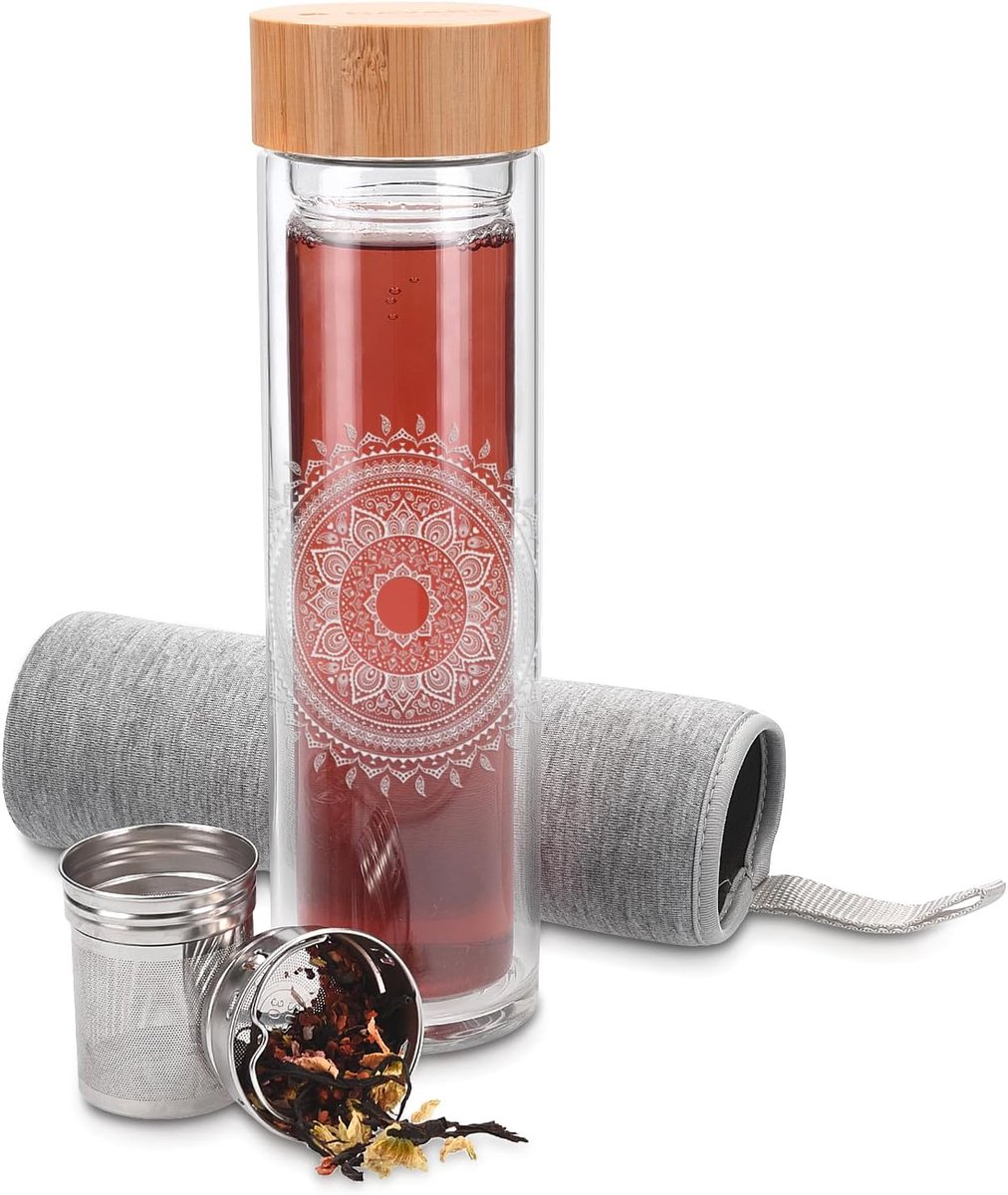 Glazen Thee Fles - Drinkfles met Filter - Thee Zetten - Dubbelwandig Borosilicaatglas - 500ml Inhoud - Natuurlijke Kleuren