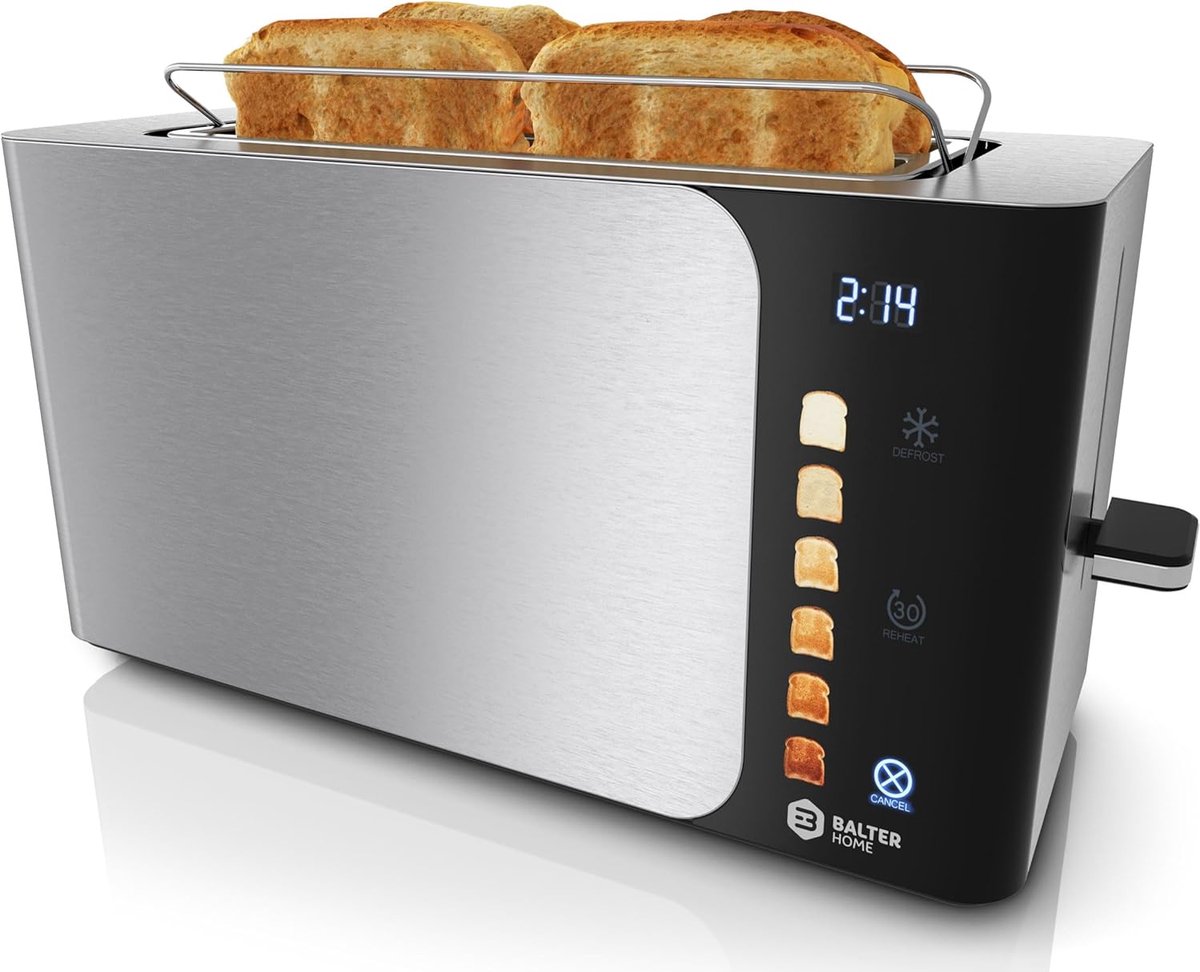 Broodrooster 4 sneden Lange sleuf toaster Ontbijt bereiden Touch bediening LCD 375 cm breed Zilverkleurig